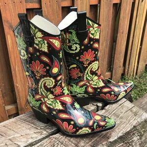 Corkys Rain Boots Women 10 Cowboy Western Paisley Floral Black Red Green EUC